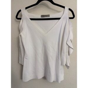 D Exterior White Cold Shoulder Ruffle Sleeve V Neck Knit Top Made in Italy S